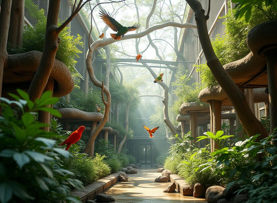 Custom aviary design with integrated flight paths and natural perching for birds