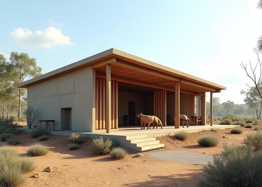 Disaster-resilient animal habitat with fire-resistant materials and elevated structure